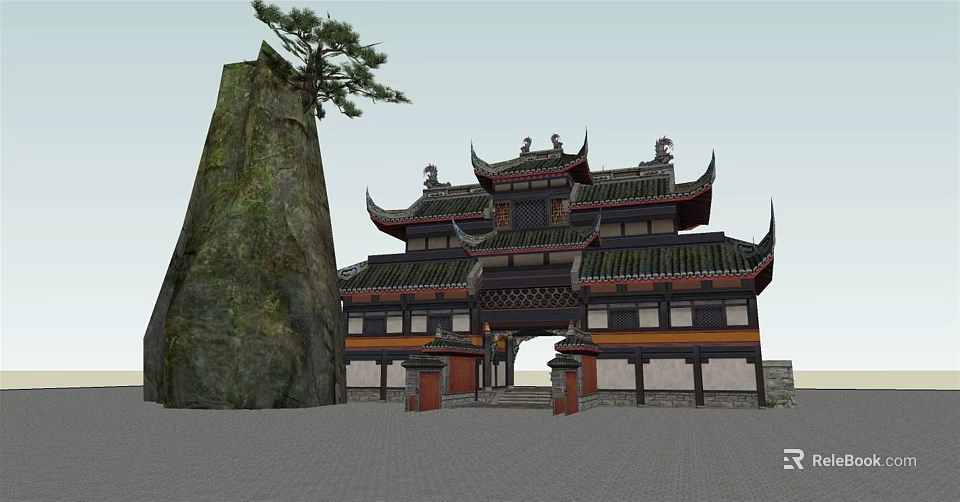 Traditional Chinese Ancient Architecture With Curved Eaves Roof And Stone Pine Tree 3d model 