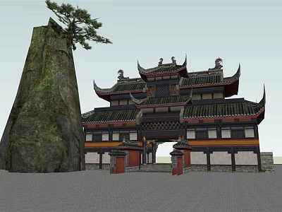 Traditional Chinese Ancient Architecture With Curved Eaves Roof And Stone Pine Tree 3d model