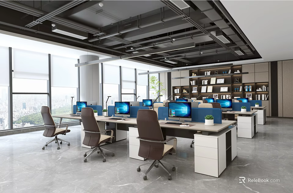 Modern Public Office Area With Natural Light Desks Computers And Bookshelves 3d model 