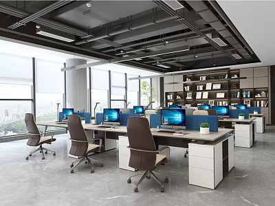 Modern Public Office Area With Natural Light Desks Computers And Bookshelves 3d model