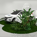 Display Shelves Showcasing White SUV With Green Plants And Lawn Setup