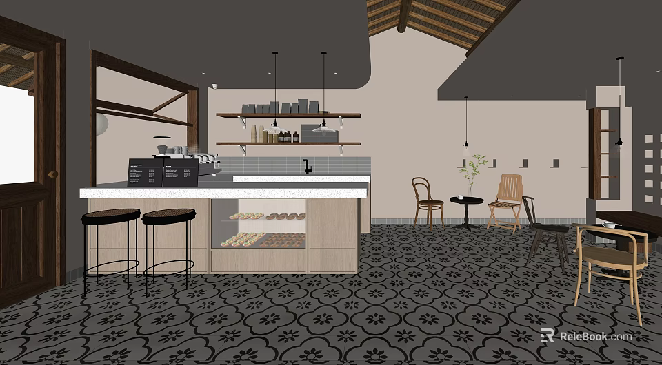 Cozy Café Interior Design With Counter Chairs Patterned Floor And Hanging Lights 3d model