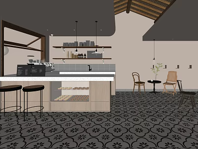 Cozy Café Interior Design With Counter Chairs Patterned Floor And Hanging Lights 3d model