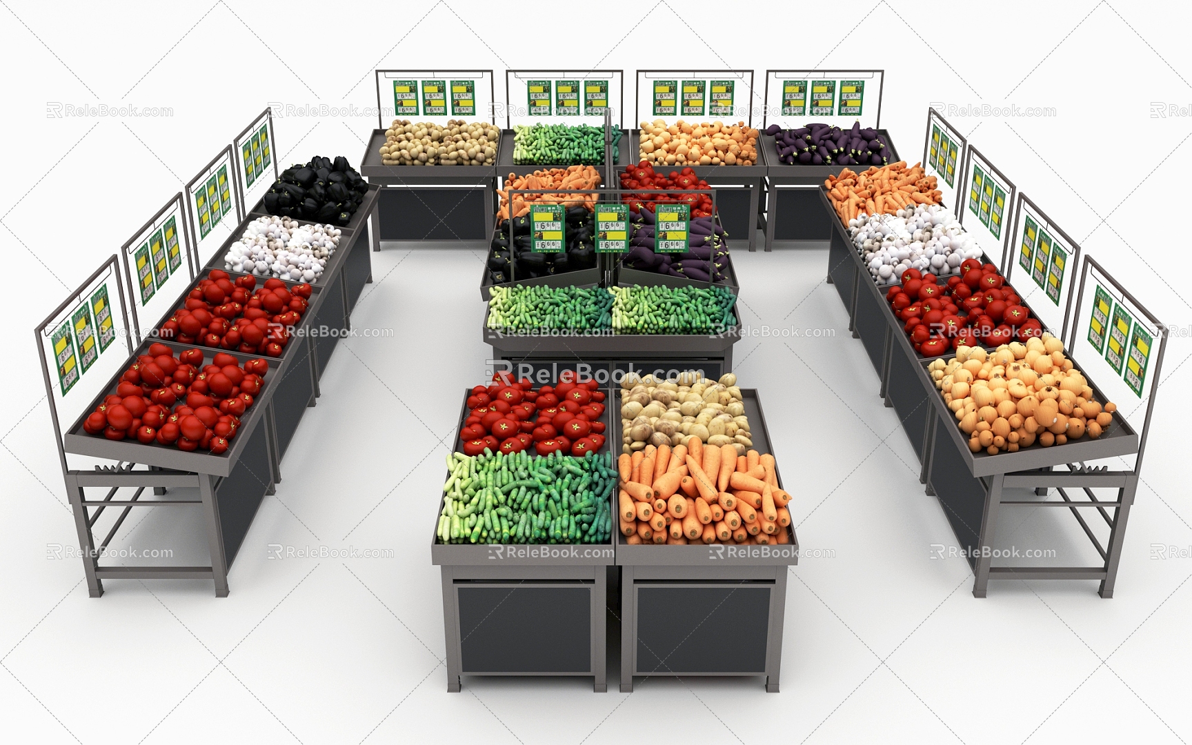 Fresh supermarket vegetables and fruits display shelves display 3d model