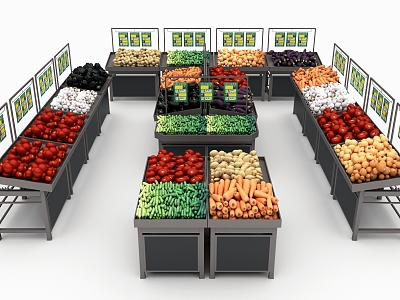 Fresh supermarket vegetables and fruits display shelves display 3d model