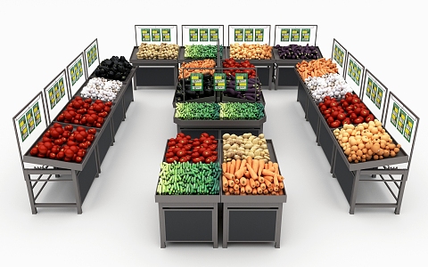 Fresh supermarket vegetables and fruits display shelves display 3d model