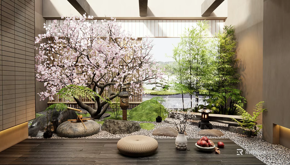 Japanese Courtyard Garden with Cherry Blossom Tree Bamboo Pebbles Lanterns and Wooden Floor 3d model 