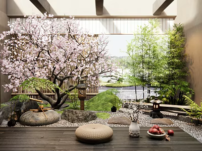 Japanese Courtyard Garden with Cherry Blossom Tree Bamboo Pebbles Lanterns and Wooden Floor 3d model