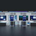 Smart Exhibition Island With Multiple Screens Data Charts And Display Stands 3d model