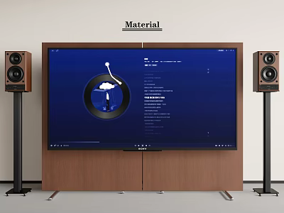 Modern Television With Floor Speakers On Wooden Stand Displaying Blue Interface Against White Wall 3d model