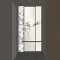 Modern Foyer Hallway Interior Design With Patterned Wall Wooden Shelf And Green Plant