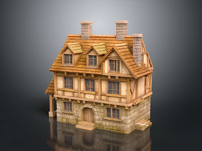 Traditional Wooden Cottage With Stone Base Multiple Windows And Two Chimneys 3d model
