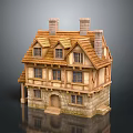 Traditional Wooden Cottage With Stone Base Multiple Windows And Two Chimneys