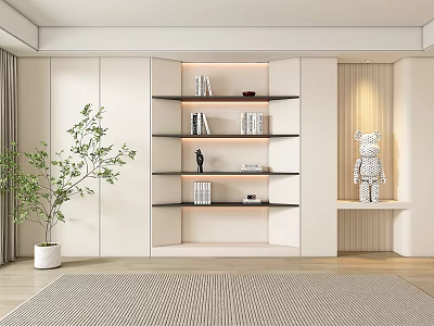 Modern White Background Wall Design With Open Shelves Books Decorations Sculpture Plant And Wooden Floor 3d model