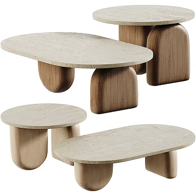 Modern Coffee Tables With Wooden Bases And Light Colored Oval Round Tops 3d model