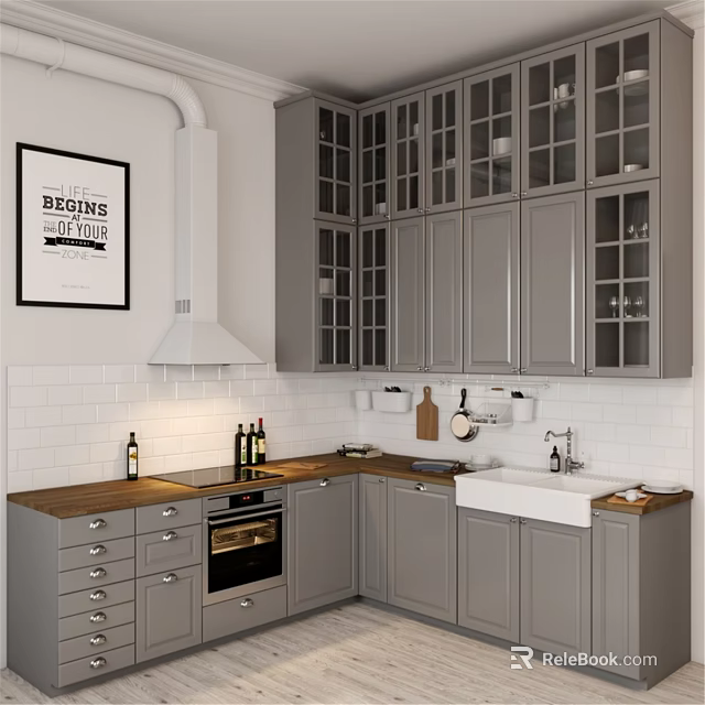 Modern Kitchen Interior With Grey Cabinets Glass Doors And Wooden Countertops 3d model 