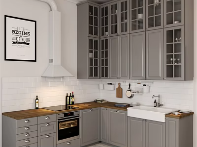 Modern Kitchen Interior With Grey Cabinets Glass Doors And Wooden Countertops 3d model