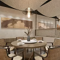 Traditional Japanese Restaurant Interior With Wooden Tables Chairs Hanging Lamps And Wall Art