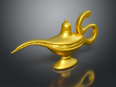 Golden Aladdin Magic Lamp With Decorative Carvings Shiny Surface On Black Background 3d model