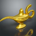 Golden Aladdin Magic Lamp With Decorative Carvings Shiny Surface On Black Background