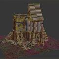 Wooden House Model With Multi Level Structure Stairs And Grass Area