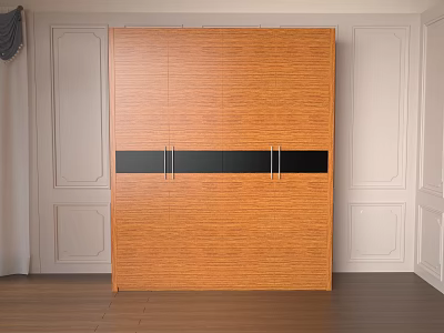 Orange Two Door Wardrobe With Black Decorative Strip Metal Handles White Walls And Wooden Floor 3d model