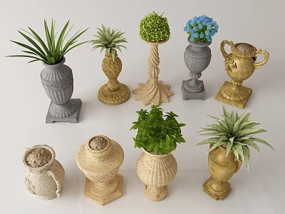 Decorative Garden Flower Pots In Stone Gold Woven Materials With Green Plants And Blue Flowers 3d model