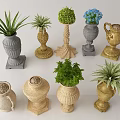 Decorative Garden Flower Pots In Stone Gold Woven Materials With Green Plants And Blue Flowers