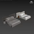 Modern Minimalist Double Bed With White And Gray Bedding And Bedside Table 3d model