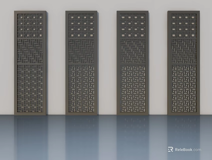 Dark Colored Swing Doors With Geometric Patterns Arranged In A Row 3d model