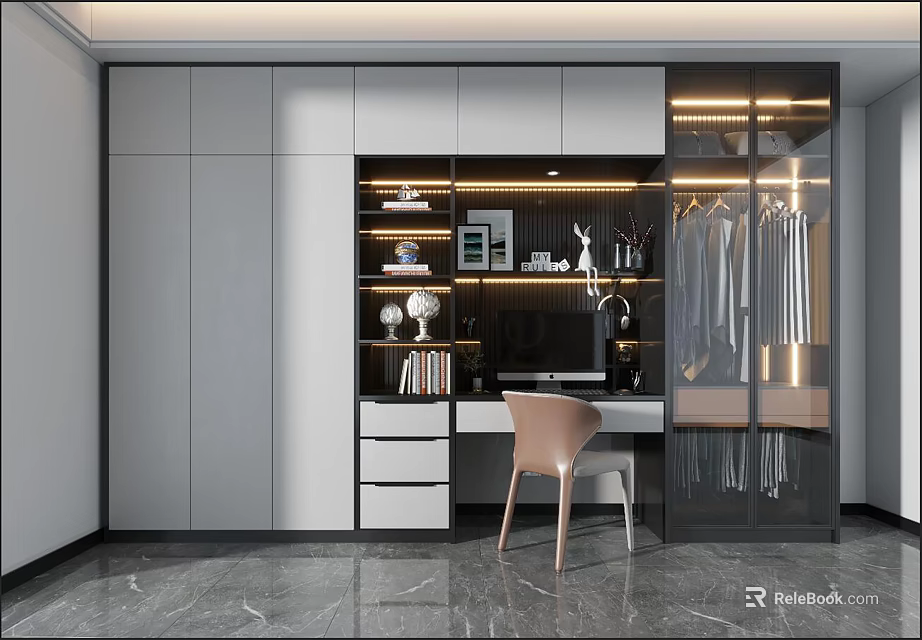 Modern Home Office Desk With Gray Cabinets Open Shelves Chair And Decorations 3d model 