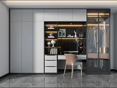 Modern Home Office Desk With Gray Cabinets Open Shelves Chair And Decorations 3d model