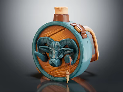 Teal Wooden Flask With Ram Head Decoration Brown Handle And Knife Pendant 3d model