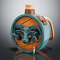 Teal Wooden Flask With Ram Head Decoration Brown Handle And Knife Pendant