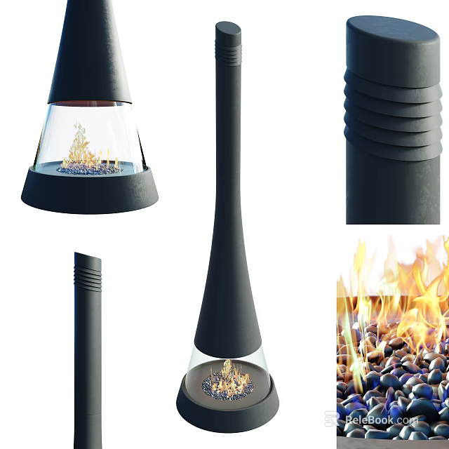 Modern Black Conical Fireplace Interior With Glass Cover Flame And Pebbles 3d model 