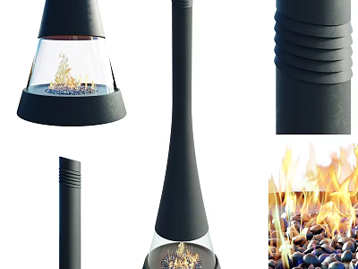 Modern Black Conical Fireplace Interior With Glass Cover Flame And Pebbles 3d model