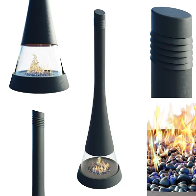 Modern Black Conical Fireplace Interior With Glass Cover Flame And Pebbles 3d model