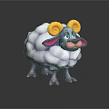Cartoon Sheep Character With Yellow Horns White Wool And Purple Legs