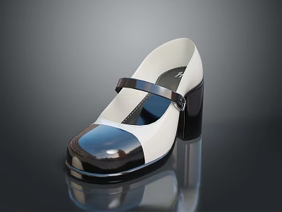 Black And White Patent Leather Mary Jane Shoes With Block Heel And Strap Buckle 3d model