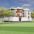 Modern Detached Villa Exterior Design With Waterfront View Green Grass And Trees