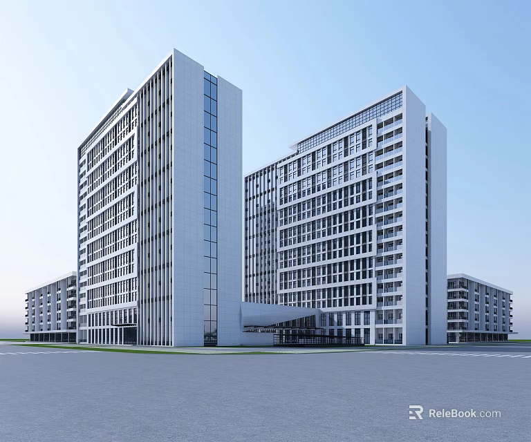 Modern Office Building Exterior With Glass Facade Large Windows And Two High Rise Structures 3d model 