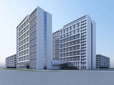 Modern Office Building Exterior With Glass Facade Large Windows And Two High Rise Structures 3d model