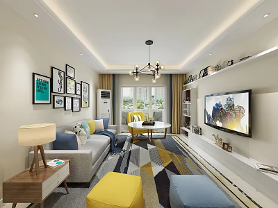 Modern Living Room Interior With Gray Sofa Yellow Blue Ottomans Decorative Paintings And Chandelier 3d model