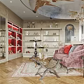 Elegant Boutique Interior With Shoe Display Shelves Red Velvet Chair Checkered Floor And Chandelier