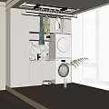 Modern Laundry Room With Washing Machine Dryer Hanging Clothes Marble Countertop And Cabinets