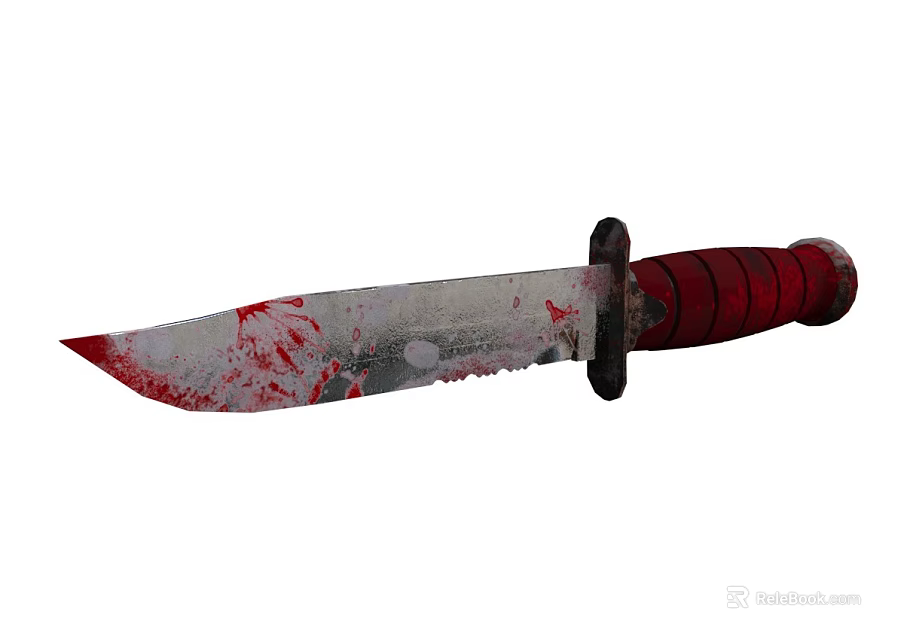 Old Tactical Combat Knife With Bloody Blade Red Handle And Worn Surface 3d model 