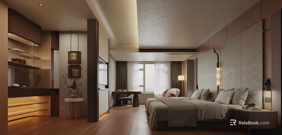 Modern Hotel Guest Room With Wooden Floor Large Bed Sofa And TV 3d model 