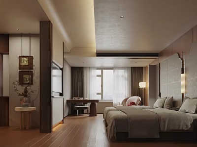 Modern Hotel Guest Room With Wooden Floor Large Bed Sofa And TV 3d model