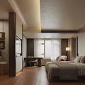 Modern Hotel Guest Room With Wooden Floor Large Bed Sofa And TV