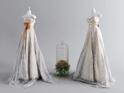 Elegant White Lace Long Gowns With Bow Waist And Ruffled Neckline On Mannequins 3d model